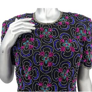 SALE Gorgeous Vintage 1980's Black Silk BEADED SEQUIN TOP Party Evening Wear Exc